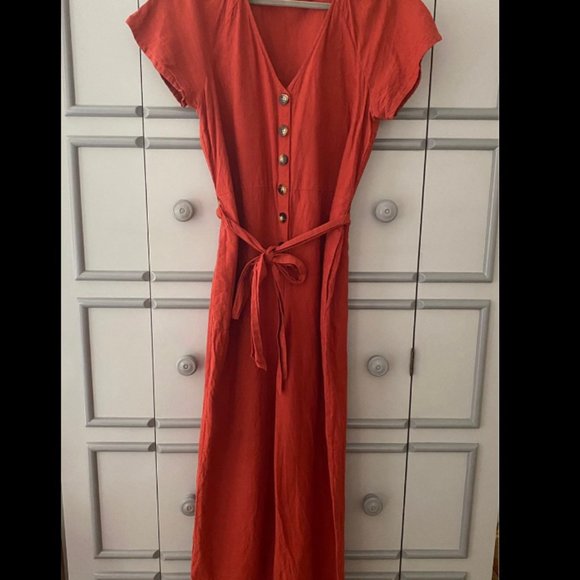 Madewell Linen-Cotton Pleat-Sleeve Jumpsuit 10 L Rust Pockets - Picture 2 of 8
